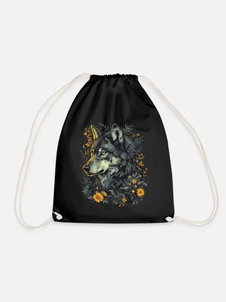 Wolf Wolfskopf Mystisch Blumen Natur Wildnis Kunst - Turnbeutel - Schwarz