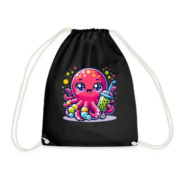 Kawaii Octopus With Bubble Tea Sea Ocean Boba Tea - Drawstring Bag - black - Front