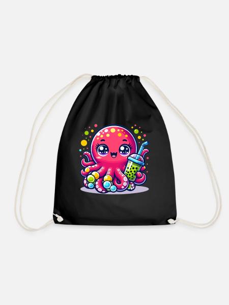 Kawaii Octopus With Bubble Tea Sea Ocean Boba Tea - Drawstring Bag - black