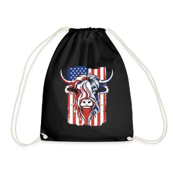 American Flag Highland Cow Scottish Cattle - Drawstring Bag - black - Front