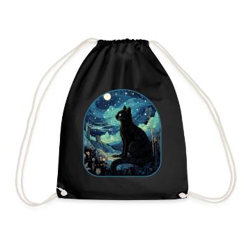 Cosmic Gaze Cat Stargazing from a Mushroom - Drawstring Bag - black - Front