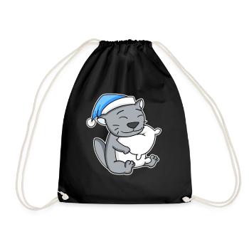 Sleeping Tired - Cat with Pillow and Sleepy Cap - Drawstring Bag - black - Front