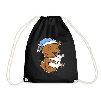 Sleeping Tired - Cat with Pillow and Sleepy Cap - Drawstring Bag - black - Front