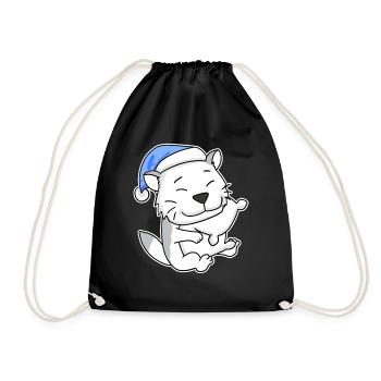 Sleeping Tired - Cat with Pillow and Sleepy Cap - Drawstring Bag - black - Front