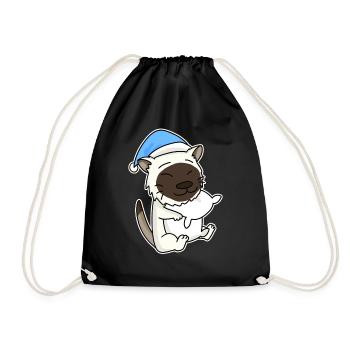 Sleeping Tired - Cat with Pillow and Sleepy Cap - Drawstring Bag - black - Front