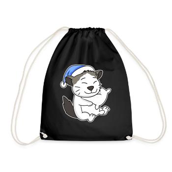 Sleeping Tired - Cat with Pillow and Sleepy Cap - Drawstring Bag - black - Front
