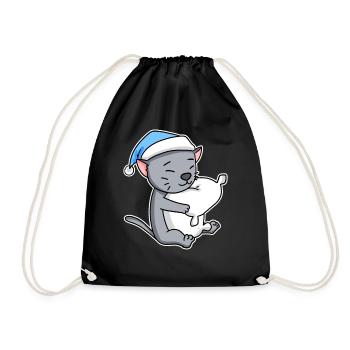 Sleeping Tired - Cat with Pillow and Sleepy Cap - Drawstring Bag - black - Front