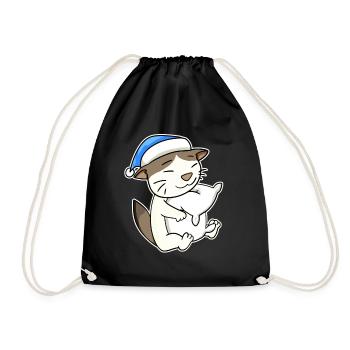 Sleeping Tired - Cat with Pillow and Sleepy Cap - Drawstring Bag - black - Front