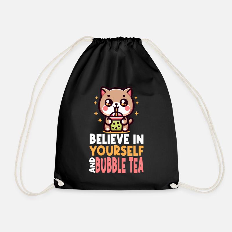 Kawaii Cat Bubble Tea Boba Drink Koreanisch Asiatisch - Turnbeutel - Schwarz