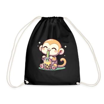 Kawaii Bubble Tea Boba Cappuccino Monkey - Drawstring Bag - black - Front
