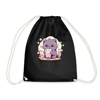 Kawaii Neko Cat Boba Cute Cat Drinking Bubble Tea - Turnbeutel - Schwarz - Vorne