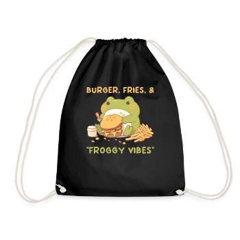 Burger Fries & Froggy Vibes Funny Kawaii Frog Eati - Turnbeutel - Schwarz - Vorne