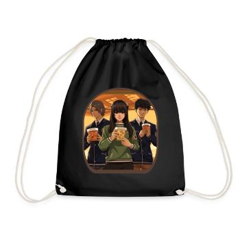 Anime School Students Cute Boba Tea Gaming - Drawstring Bag - black - Front