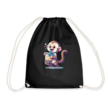 Kawaii Bubble Tea Boba Cappuccino Monkey - Drawstring Bag - black - Front