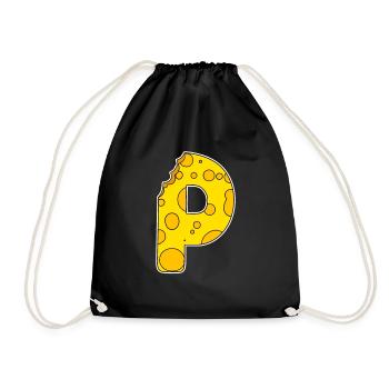 Letter P - Initial Letter P - Cheese Motif - Drawstring Bag - black - Front
