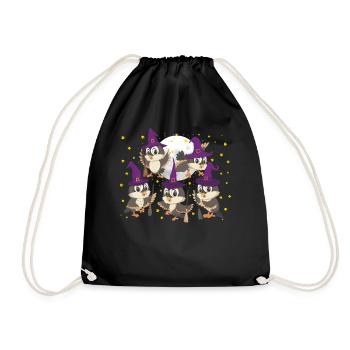 Halloween Shirt, Owl Witch Broom Flyers Tee, Cute - Drawstring Bag - black - Front