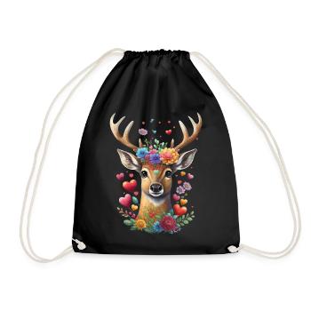 Blumen Hirsch T-Shirt Damen Trachtenshirt Mädchen - Turnbeutel - Schwarz - Vorne