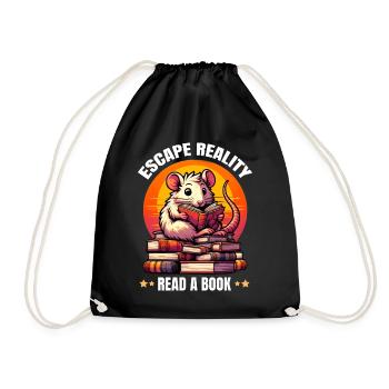 Escape Reality, Read a Book. Cute Rat Reads Book - Drawstring Bag - black - Front