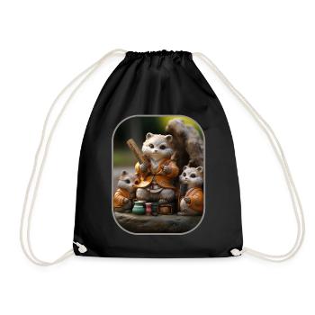 Tanuki & Kätzchen Folklore trifft Niedlichkeit T-Shirt - Turnbeutel - Schwarz - Vorne