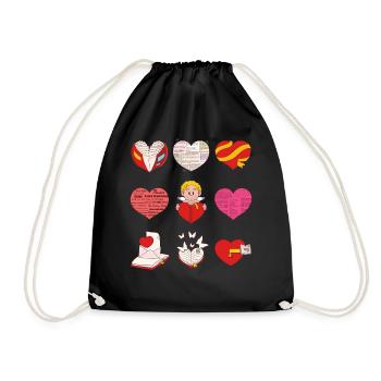 Book Shirt, Nine Hearts Intertwined Book Pages - Drawstring Bag - black - Front