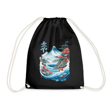Japanese Ukiyo-E Fujiyama Retro Artwork - Drawstring Bag - black - Front
