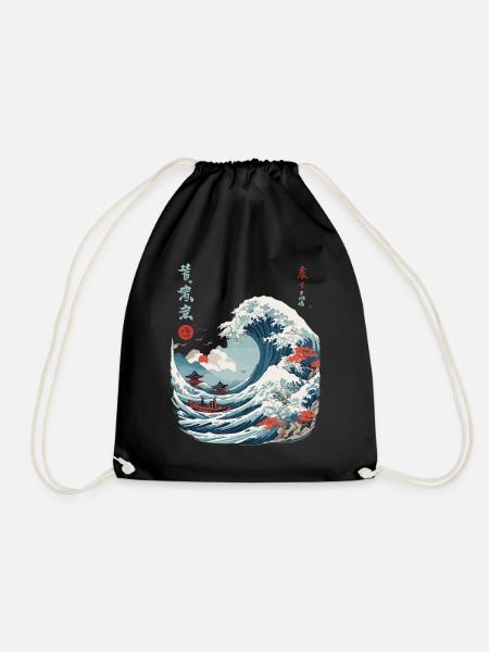 Japanese Kanagawa Wave Vintage Ukiyo-E - Drawstring Bag - black