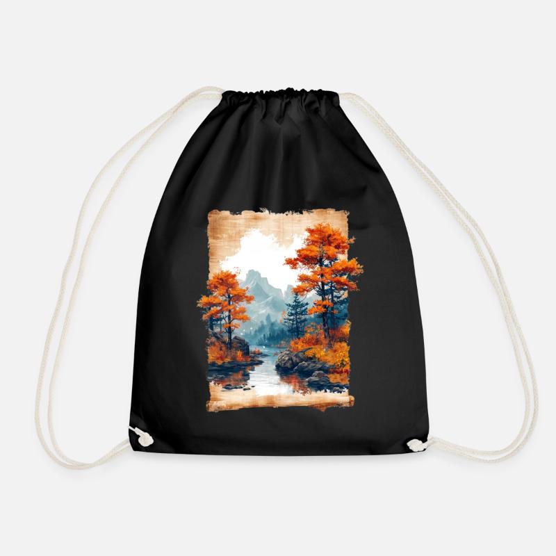 Classic Scenery Papyrus Scroll Onsen Japanese - Drawstring Bag - black