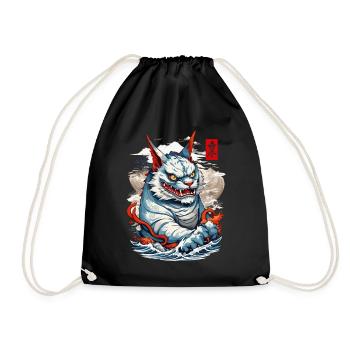 Japan Aesthetic Cats Yokai Ukiyo-E Streetwear - Drawstring Bag - black - Front