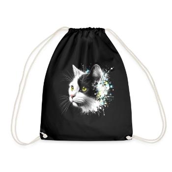 Cool cat head with colorful paint splashes - Drawstring Bag - black - Front