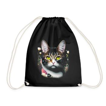 Cute cat as portrait with flowers - Drawstring Bag - black - Front