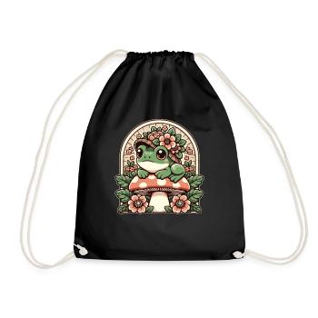 Cottage Core Frosch Mit Blumenhut Pilz - Turnbeutel - Schwarz - Vorne
