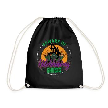 Halloween Shirt, Beware Of Hitchhiking Ghosts Tee - Drawstring Bag - black - Front