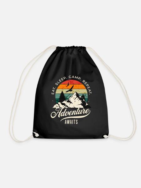 Eat Sleep Camp Repeat Adventure Awaits - Drawstring Bag - black