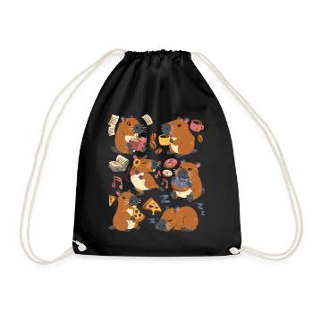 Capybara: Pizza, Coffee, Donut, Music, Book Reading - Drawstring Bag - black - Front