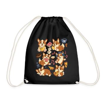 Corgi: Coffee, Pizza, Donut, Music, Book Reading - Drawstring Bag - black - Front