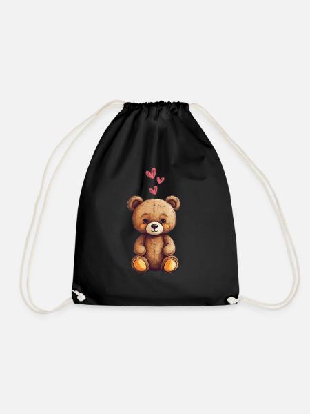Teddy Bear Cartoon with Hearts Teddy Bear Cute - Drawstring Bag - black