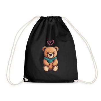 Teddy Bear Cartoon with Heart Teddy Bear Cute - Drawstring Bag - black - Front