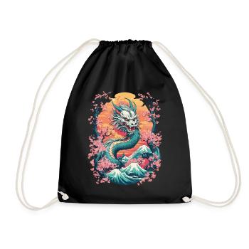 Japanese Dragon Cherry Blossom Aesthetic Design - Drawstring Bag - black - Front