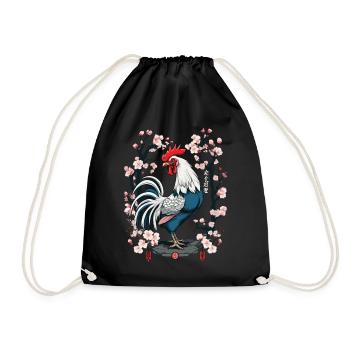 Asian Rooster Cherry Blossoms Aesthetic Design - Drawstring Bag - black - Front