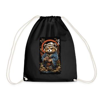 Raccoon Dog Japanese Sake Vintage Kanji Art - Drawstring Bag - black - Front