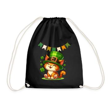 Cat St Patrick Ireland Irish Shamrock Luck Fun - Drawstring Bag - black - Front