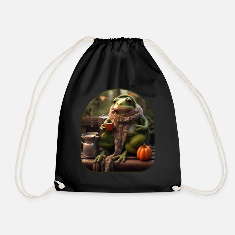 Cozy Frog Knitting Scarf Mushroom Cottagecore - Drawstring Bag - black