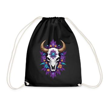 Feather Mandala Bull Skull Spiritual Design - Drawstring Bag - black - Front