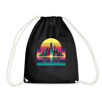 80er Retro Futuristische Skyline Sonnenuntergang - Turnbeutel - Schwarz - Vorne