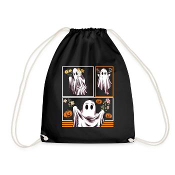 Halloween Shirt, Groovy Vintage Floral Ghost Cute - Drawstring Bag - black - Front