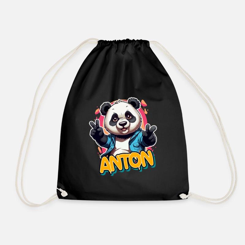 ANTON - Schöner Jungen Name mit coolem PANDA - Turnbeutel - Schwarz
