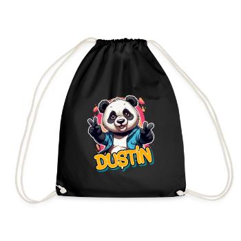 DUSTIN - Schöner Jungen Name mit coolem Panda - Turnbeutel - Schwarz - Vorne