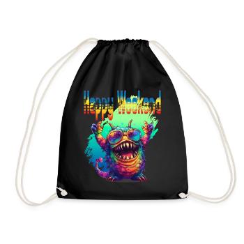 Happy Weekend. Monster, happiness, positive vibes, - Drawstring Bag - black - Front