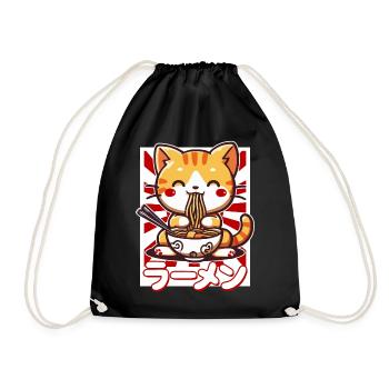 Cat Loves Ramen Bowl Kawaii Anime - Drawstring Bag - black - Front