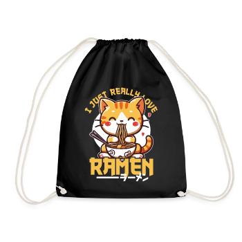 Cat Loves Ramen Bowl Kawaii Anime - Drawstring Bag - black - Front
